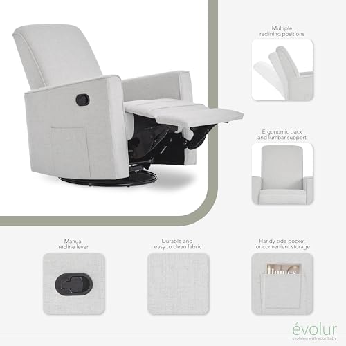 Evolur Raleigh Glider in Fog, Upholstered Plush Seating 360° Swivel Glider Rocking Chair, FSC Certified, Greenguard Gold & JPMA Certified Nursery Glider Recliner Evolur