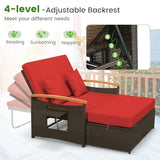 Tangkula Patio Rattan Daybed with 4-Level Adjustable Backrest, Outdoor Wicker Loveseat with Acacia Wood Armrest, Storage Ottoman & Folding Tray, Double Sunbed for Balcony, Backyard & Poolside, Red Tangkula