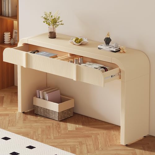 Modern Curved Entryway Console Table 55-Inch Entry Sofa Table with Storage Drawers for Living Room Entrance Hallway Accent Furniture (Apricot Cream) Amposei