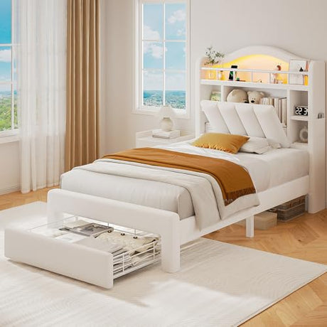 Twin Size Bed Frame with LED Storage Headboard & 2 Storage Drawers, Velvet Upholstered Bed with Vertical Tufted Headboard Design, USB & Type-C Charging Ports, Wooden Slats Support, Noise-Free, Beige Jocoevol