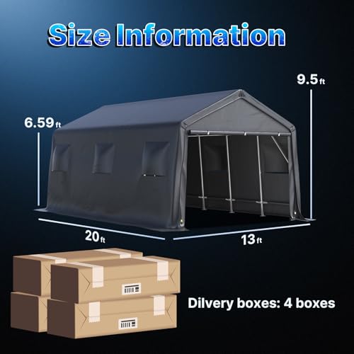 ADVANCE OUTDOOR 13x20 ft Carport 2 Roll up Doors & Vents Outdoor Portable Storage Shelter Garage Tent for Vehicle Boat Truck Anti-UV Snow Resistant Waterproof, Gray ADVANCE OUTDOOR