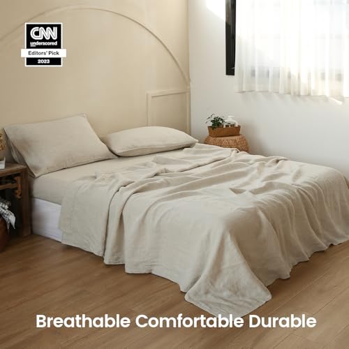 Simple&Opulence 100% Linen Sheet Set with Embroidery Washed - 3 Pieces (1 Flat Sheet & 1 Fitted Sheet & 1 Pillowcase) Natural Flax Soft Bedding Breathable Farmhouse - Linen, Twin Size Simple&Opulence
