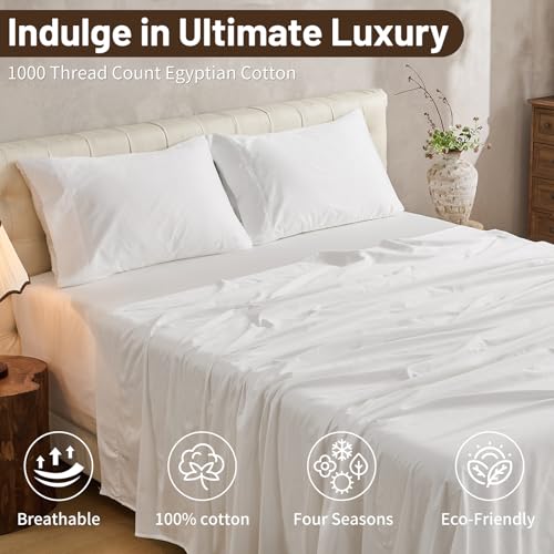MEISHANG Extra Deep Pocket Cotton Sheets Queen Size - 100% Egyptian Cotton 1000 Thread Count - Fits 18"-24" in Deep Mattress,Oeko-Tex Certified, Soft & Breathable - 4 Piece (Queen, Whtie) MEISHANG