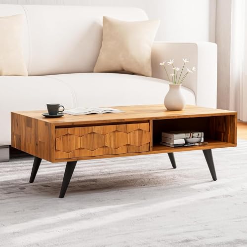 Bme Georgina Solid Wood Coffee Tables for Living Room, Coffee Table Mid Century Modern with 2 Symmetrical Storage Drawers & Geometric Details, Fully