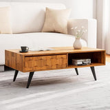 Bme Georgina Solid Wood Coffee Tables for Living Room, Coffee Table Mid Century Modern with 2 Symmetrical Storage Drawers & Geometric Details, Fully Bme