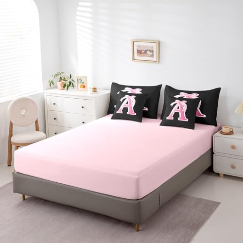 jejeloiu Kids Girls Black Pink Bow Comforter Set with Sheets Twin Size Monogrammed 7 Piece Bedding Set Personalized Initial A Bed in a Bag with Comforter,Sheets,Pillowcases Modern Fashion Bed Set jejeloiu
