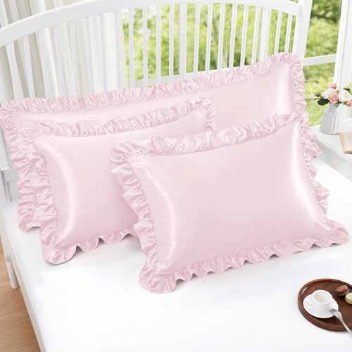 Homiest Ruffle Satin Pillowcase for Hair and Skin, Standard Size Satin Pillow Covers Silky Pillow Cases Set of 2, Satin Ruffled Pillowcase with Envelope Closure, Anti Wrinkle Pillow Shams (Blush Pink) Homiest