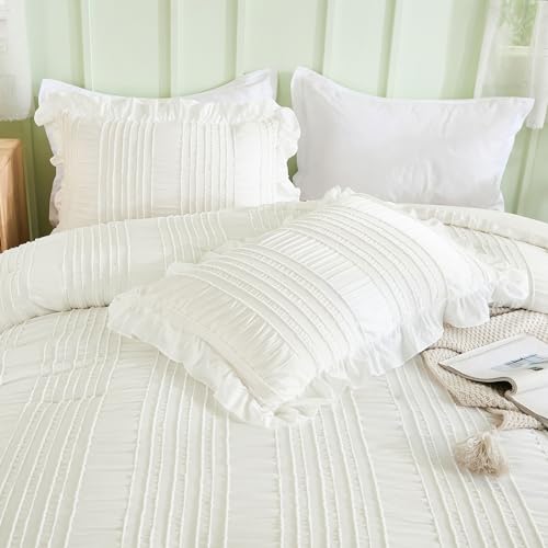 WONGS BEDDING White Comforter Set Twin, 3 Pieces Ruffle Shabby Chic Comforter for Dorm Room Essentials for Twin Bed, Soft Seersucker Bedding Set with 1 Ruffle Comforter, 2 Tufted Pillowcases 86"×68" WONGS BEDDING