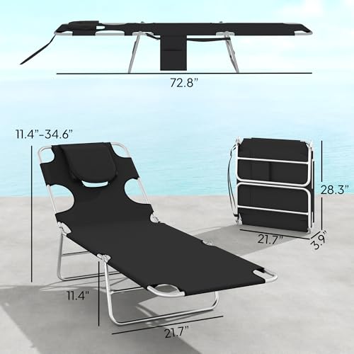 Outsunny Chaise Lounge Chair Outdoor Set of 2 with Face Arm Hole, 5-Position Reclining Face Down Tanning Chair with Carry Strap, Side Pocket, Portable Folding Bed Cot for Patio Beach Pool, Black