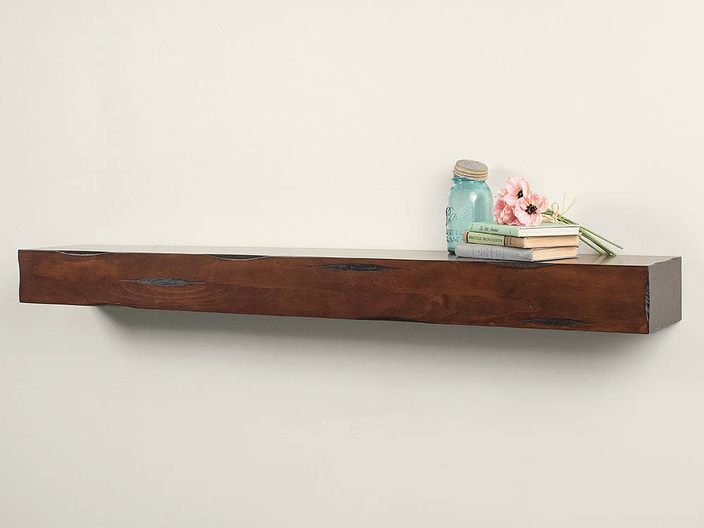 48 Inch Floating Fireplace Mantel Wood Shelf In Cherry Rustic - Breckenridge From Mantels Direct | With Corbel Bracket Arches | Wooden Rustic Wall Shelf Perfect for Electric Fireplaces and Décor MANTELSDIRECT