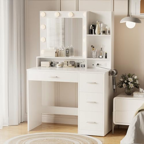 YESHOMY Vanity Desk with Mirror, Power Outlet and 10 Lights, Makeup Table with 4 Drawers, 3 Color Modes Available for Bedroom, White YESHOMY