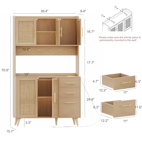 Rovaurx 70.9" Kitchen Pantry Cabinet with Microwave Shelf, Rattan Freestanding Storage Cabinet with Charging Station, Sideboard Buffet Cabinet with Drawers and Doors, Natural KBG002ME Rovaurx