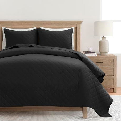 Lush Decor Ava Diamond Oversized Cotton Quilt Set, 3 Piece Set, Full/Queen, Black - Soft & Cozy Quilted Bedding Set - Queen Quilt - Black Bedspread - Traditional, Farmhouse & Minimalist Bedroom Decor Lush Decor