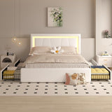Benevika Full Bed Frame with 4 Storage Drawers and Adjustable Headboard, Upholstered Platform Bed with LED Lights and USB Ports, Solid Wooden Slats Support, Faux Leather, Easy Assembly, Beige Benevika