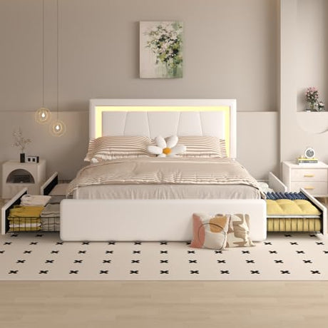 Benevika Full Bed Frame with 4 Storage Drawers and Adjustable Headboard, Upholstered Platform Bed with LED Lights and USB Ports, Solid Wooden Slats Support, Faux Leather, Easy Assembly, Beige Benevika