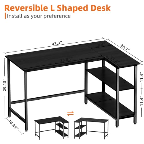 WOODYNLUX L Shaped Computer Desk - Home Office Desk with Shelf, Gaming Desk Corner Table for Work, Writing and Study, Space-Saving, Black - WoodArtSupply