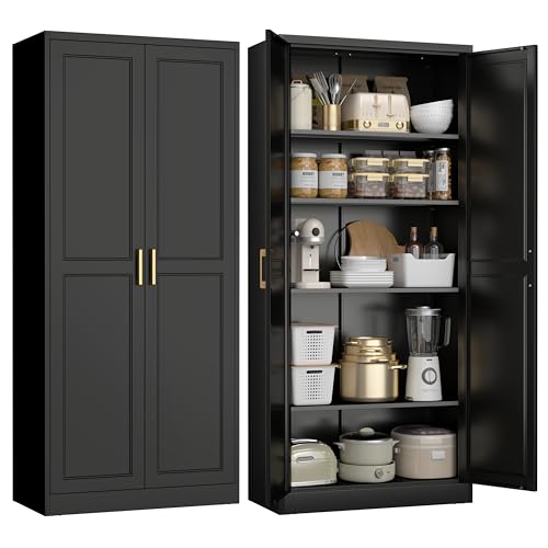 UNICOLY 71" Kitchen Pantry Cabinet, Pantry Storage Cabinet with Doors and 4 Shelves, Metal Storage Cabinets for Kitchens, Living Room, Dinning Room, Assembly Required, Black UNICOLY