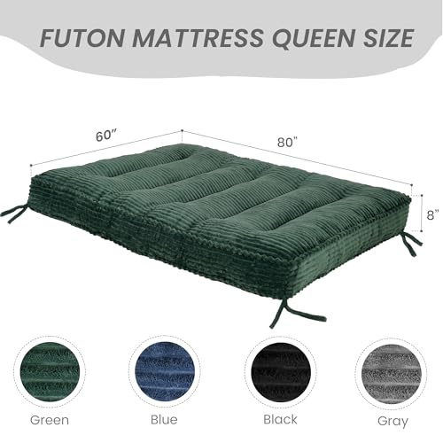 8 Inches Futon Mattress Queen Size, Futon Sofa Couch Bed with Straps, Thick Corded Fabric Floor Futon Mattress for Adults, Sleeping Mat Foldable Mattress for Camping, Green(Frame Not Included) Bliss Homey