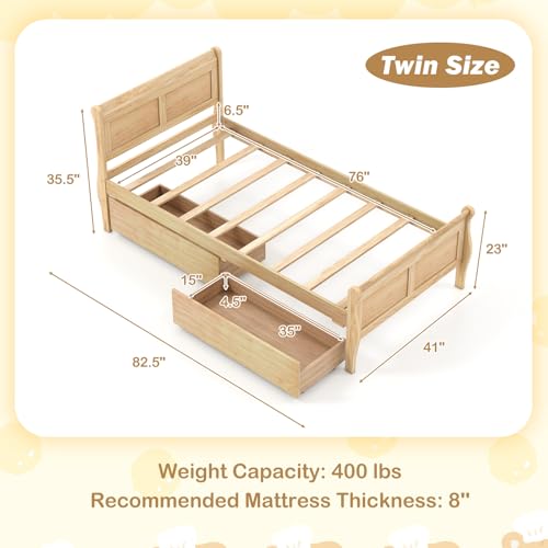 Giantex Twin Bed with 2 Storage Drawers, Wood Platform Bed with Headboard & Footboard, Wooden Slats Support Mattress Foundation, Twin Bed Frames for Kids Teens Adults, No Box Spring Needed (Natural) Giantex