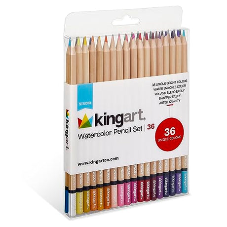 KINGART 313-36 Artist Quality 36 Ct. Watercolor Pencil Set, 36 Unique Highly Pigmented Colors, Pre-Sharpened, Use Wet or Dry for Drawing, Painting & Mixed Media, For Professional to Beginner/Student KINGART