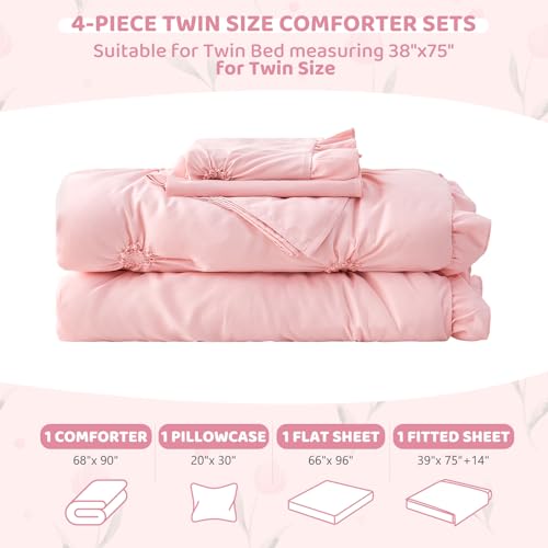 Wowelife Twin Comforter Set for Girls, Boho Pintuck Bedding Comforter Sets, 4 Pieces Ruffles Jacquard Embroidery Twin Bedding Sets with Comforter, Fitted Sheet, Flat Sheet and Pillowcase, Pink Wowelife