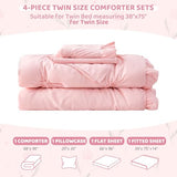Wowelife Twin Comforter Set for Girls, Boho Pintuck Bedding Comforter Sets, 4 Pieces Ruffles Jacquard Embroidery Twin Bedding Sets with Comforter, Fitted Sheet, Flat Sheet and Pillowcase, Pink Wowelife