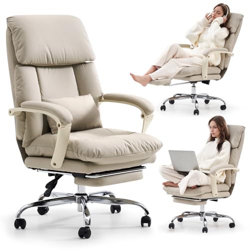 EMIAH Office Chair with Foot Rest, Ergonomic Executive Office Chair with Arms, Reclining High Back PU Leather Comfy Swivel Computer Desk Chairs with Wheels and Lumbar Support for Home Office, Beige EMIAH