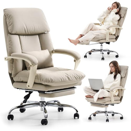 EMIAH Office Chair with Foot Rest, Ergonomic Executive Office Chair with Arms, Reclining High Back PU Leather Comfy Swivel Computer Desk Chairs with Wheels and Lumbar Support for Home Office, Beige EMIAH