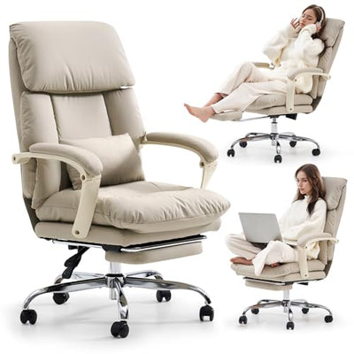 EMIAH Office Chair with Foot Rest, Ergonomic Executive Office Chair with Arms, Reclining High Back PU Leather Comfy Swivel Computer Desk Chairs with Wheels and Lumbar Support for Home Office, Beige