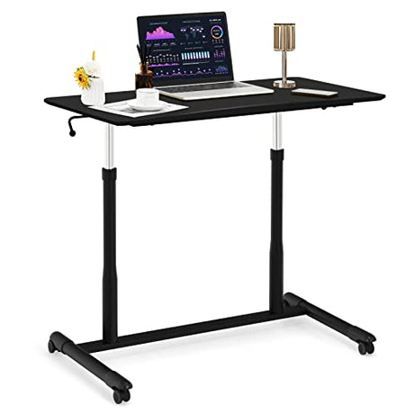 COSTWAY Mobile Height Adjustable Standing Desk, Compact Pneumatic Sit to Stand Computer Desk w/Lockable Casters, Ergonomic Rolling Laptop Table w/Steel Frame for Home Office (Black) COSTWAY