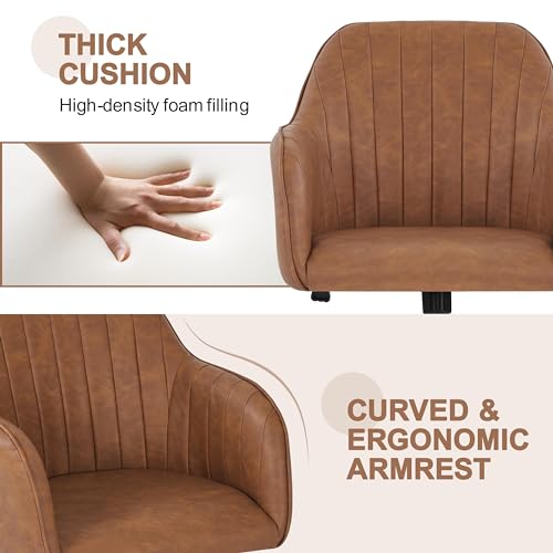 Yaheetech Modern Faux Leather Desk Chair Makeup Chair Height Adjustable Swivel Office Task Computer Armchair for Living Room Retro Brown Yaheetech