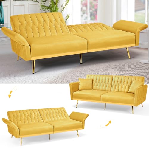 ACMEASE 70” Velvet Futon Sofa Bed w/Adjustable Armrests & 2 Pillows, Convertible Futon Couch w/Adjustable Backrests, Modern Sleeper Bed for Living Room, Bedroom, Yellow ACMEASE