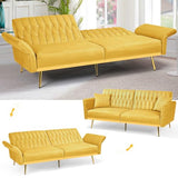ACMEASE 70” Velvet Futon Sofa Bed w/Adjustable Armrests & 2 Pillows, Convertible Futon Couch w/Adjustable Backrests, Modern Sleeper Bed for Living Room, Bedroom, Yellow ACMEASE