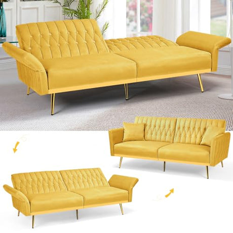 ACMEASE 70” Velvet Futon Sofa Bed w/Adjustable Armrests & 2 Pillows, Convertible Futon Couch w/Adjustable Backrests, Modern Sleeper Bed for Living Room, Bedroom, Yellow ACMEASE