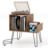 GOFLAME Record Player Stand, Turntable Stand with Charging Station, Vinyl Storage End Table with Metal Legs, Mid-Century Record Player Table for Study, Bedroom, Living Room, Rustic Brown GOFLAME