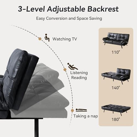 AMICLIBER 71" Convertible Futon Sofa Bed,Bright Black Faux Leather Futon Couch,Memory Foam Reclining Sleeper Sofa Bed,Modern Folding Small Loveseat Couches for Living Room,Office,Apartment AMICLIBER