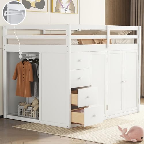 Ball & Cast Full Size Loft Bed with Storage Staircase & Safety Guardrail,Sturdy Wood Bedframe W/ 3 Cabinets & 4 Drawers,Built-in Wardrobes,Space Saving,for Boy Girl Kids Small Bedroom Dormitory,White Ball & Cast