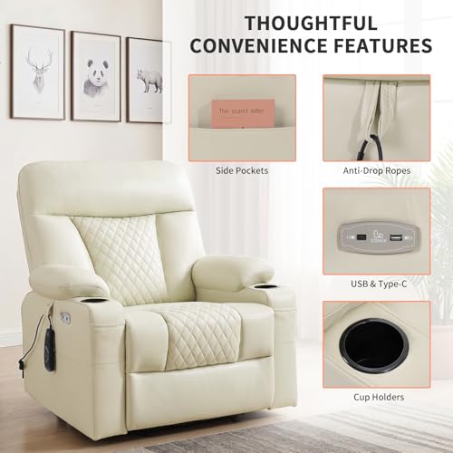 EONIX Power Lift Recliner Chair for Elderly with Heat and Massage, 400lbs Heavy Duty Electric Recliner Chairs for Adults with Cup Holders and USB Charging Ports, SLRY019020, Cream White
