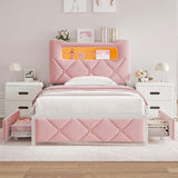 Twin Upholstered LED Bed Frame with 2 Storage Drawers and 2-Tier Storage Bookcase Headboard, Velvet Princess Platform Bed for Kids/Girls/Boys, Heavy Duty Metal Support, No Box Spring Needed, Pink Jocoevol