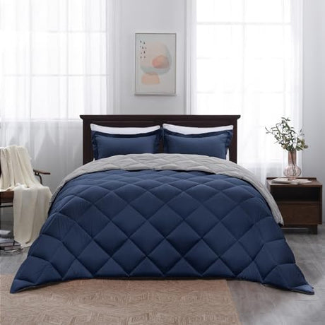 Basic Beyond Queen Comforter Set - Navy Blue Comforter Set Queen Size, Reversible Bed Comforter Queen Set for All Seasons, Navy/Grey, 1 Comforter (88"x92") and 2 Pillow Shams (20"x26"+2") Basic Beyond
