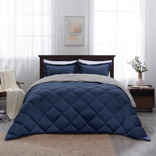 Basic Beyond Full Size Comforter Set - Navy and Grey Comforter Set Full, Reversible Comforter Full Size Set, 1 Comforter (82"x92") and 2 Pillow Shams (20"x26"+2") Basic Beyond