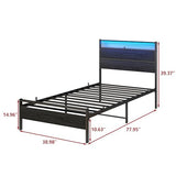 BOFENG Twin Bed Frame with Wood Headboard and USB Charging Station/LED Lights,Metal Single Platform Bed Frame Twin Size No Box Spring Needed,Heavy Duty Metal Slats Support,Noise Free,Black BOFENG
