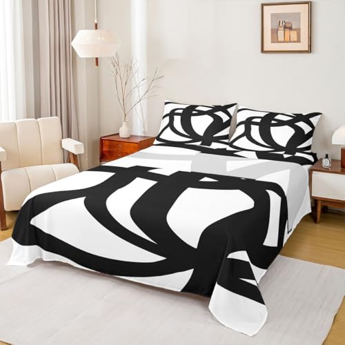 jejeloiu Stripe Line Sheet Set King Size Kids Geometric Sheets with Deep Pocket Fitted Sheet for Boys Girls Teens Black and White Bed Sheets Set Breathable Abstract Bedding Room Decor Modern Art jejeloiu