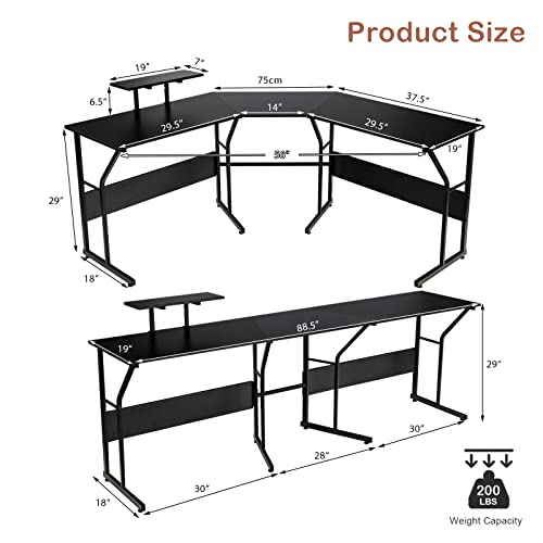 Tangkula L-Shaped Reversible Computer Desk, 2 Person Long Computer Workstation w/Movable Monitor Stand, Large Home Office Corner Desk for Working Writing Gaming (Black) - WoodArtSupply