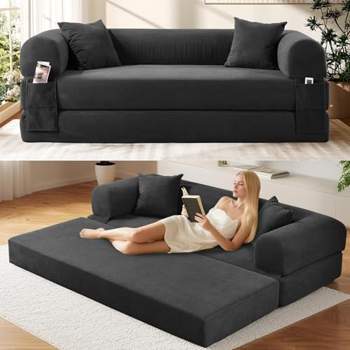 GJQ Convertible Futon Sofa Bed,80" Folding Pull Out Couch Bed with Pillows & Storage,Queen Sleeper Sofa Bed,Compressed Couch in a Box,Corduroy Boneless Couches for Living Room,Deep Gray GJQ
