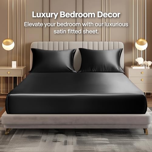 BEDELITE Satin Fitted Sheet and Pillowcase Set, Luxury Soft Similar to Silk Bottom Bed Sheet with Elastic Corner Straps, Deep Pocket up to 15 Inch, 1 Fitted Sheet and 1 Pillowcase(Twin, Black) BEDELITE