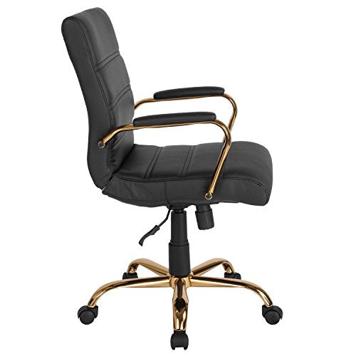 Flash Furniture Whitney Mid-Back Swivel LeatherSoft Desk Chair with Wheels, Padded Seat and Armrests, Adjustable Height Padded Office Chair, Black Flash Furniture