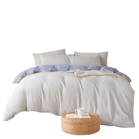 BUPIRD Comforter Set King Striped Blue 100% Soft Washed Microfiber Jacquard 3 Pieces King Striped Bedding Sets Blue White Comforter for All Seasons and 2 Pillowcases Comfort Breathable BUPIRD