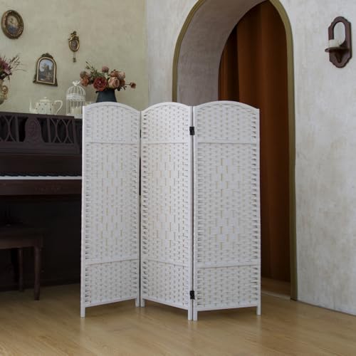 Pawlabay Compact 3 Panel Short Room Divider, 47.2 Inch Tall Double-Sided Rattan Folding Screen for Home & Office,White PawlaBay