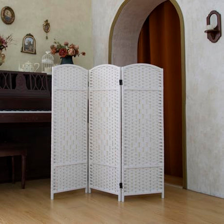 Pawlabay Compact 3 Panel Short Room Divider, 47.2 Inch Tall Double-Sided Rattan Folding Screen for Home & Office,White PawlaBay